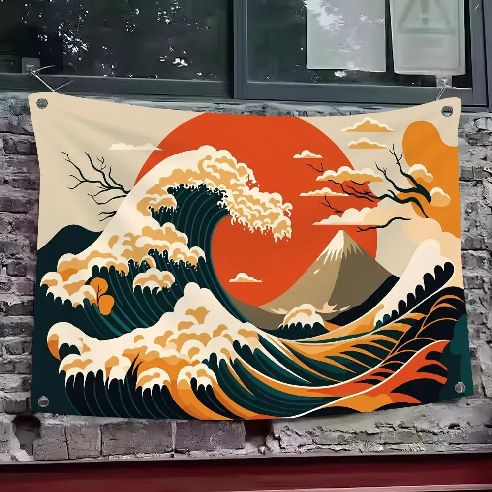 Japanese Style Wave Flags Custom Wall Hanging Background Art Banner For Bedroom Home Living Room Outdoor Decor