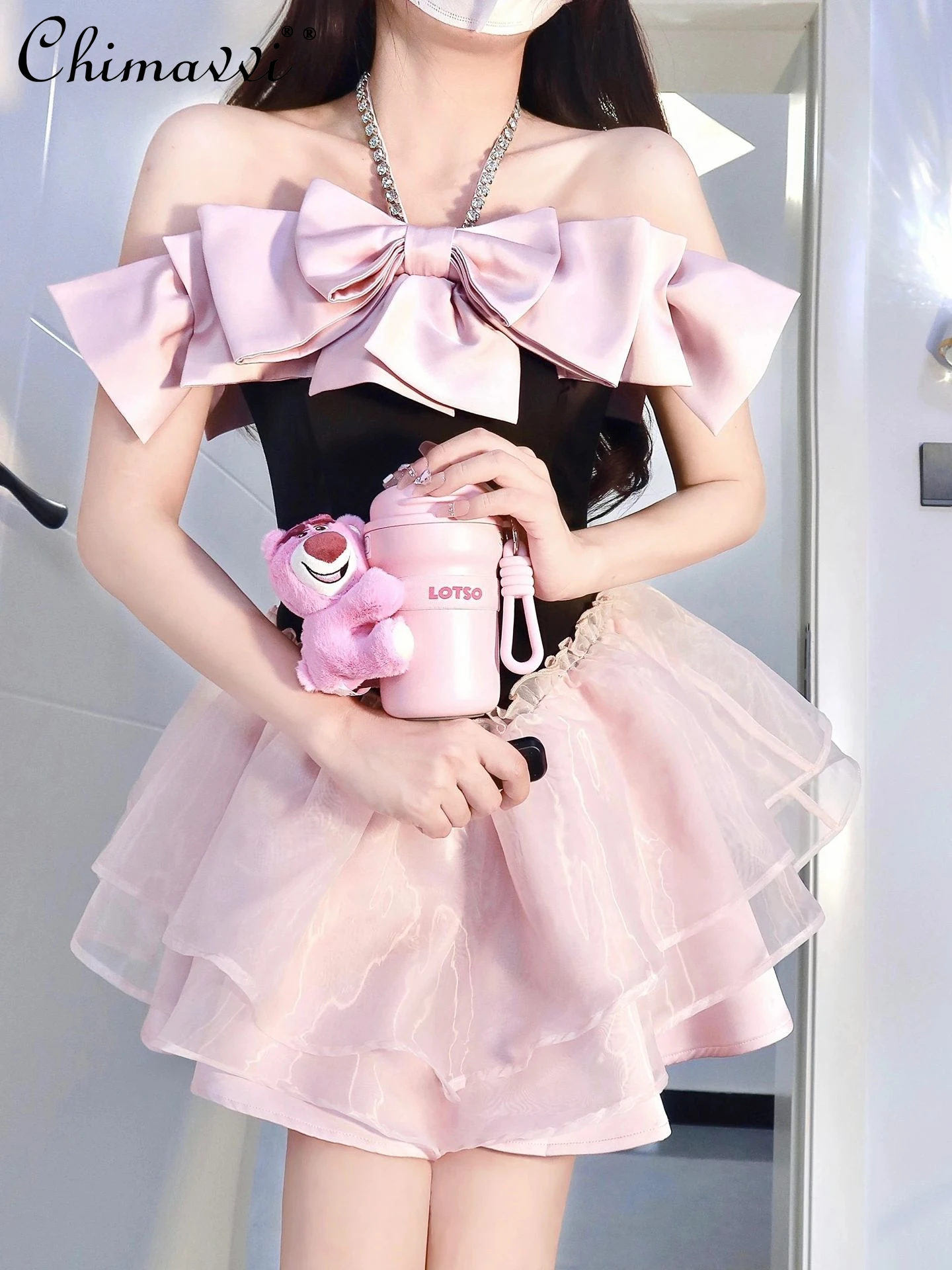 

Summer 2024 Sweet Ball Gown Dresses Black Pink Bow Diamond High Waist Slim Fit Birthday Party Mini Halter Dresses For Women