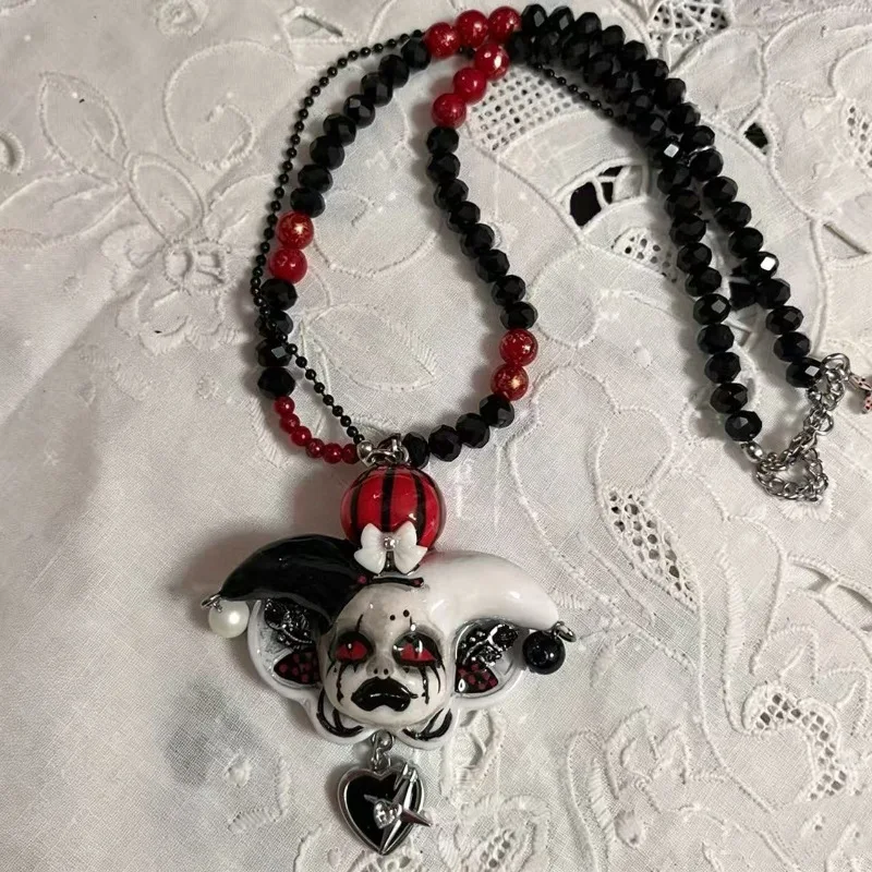 Dark Aesthetic Gothic Pendant Necklace Women Multi Layer Black Red Beaded Chain Dark Y2K Harajuku Streetwear Jewelry