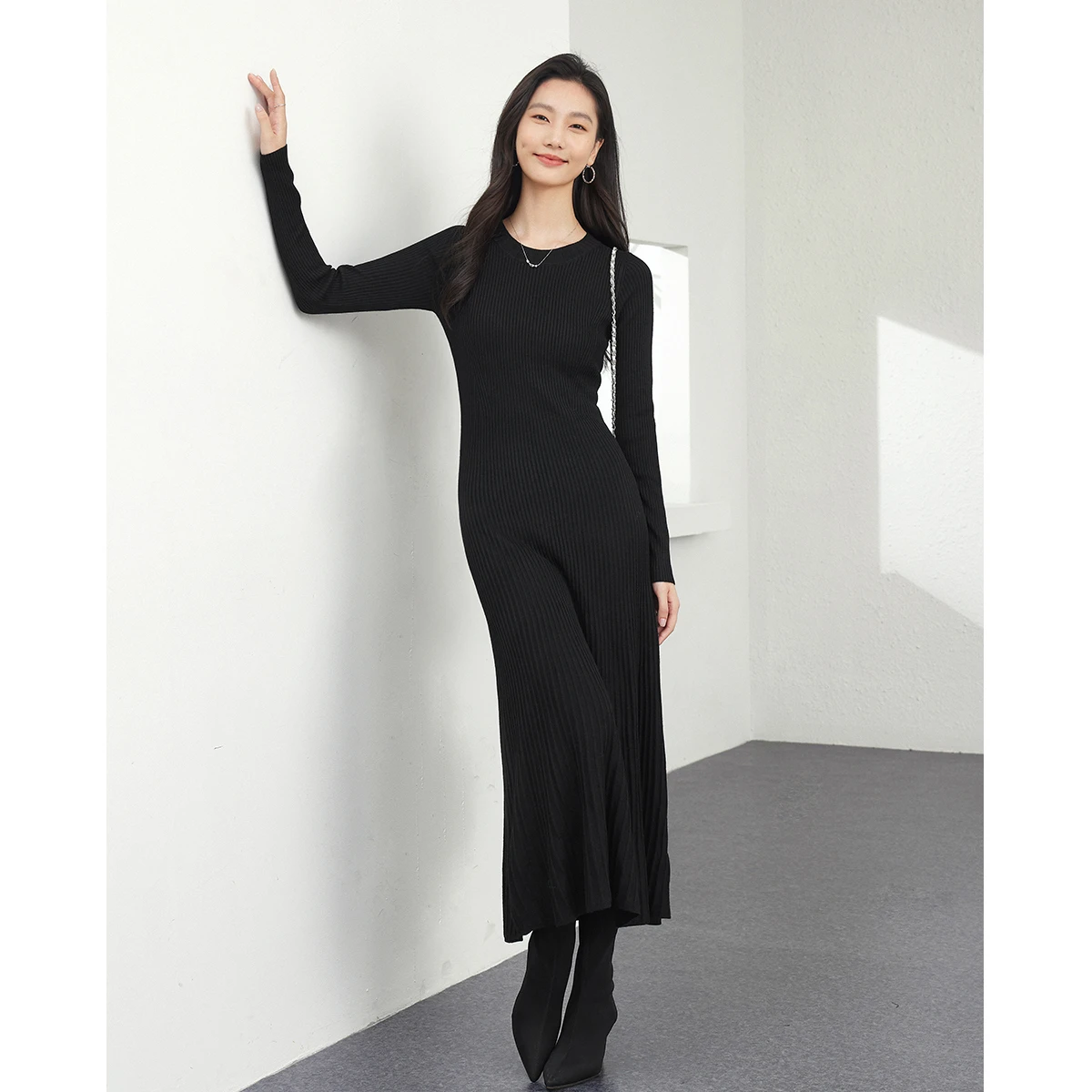 VIMLY robes longues 2025 hiver femme élégante laine mélange tricoté robe de soirée a-ligne col rond mince moulante robe mi-longue 73533