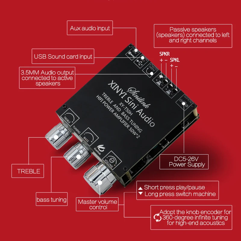 サブウーファーアンプ,XY-T50Hチャンネル,Bluetooth 5.0,2x50W,オーディオ,ステレオ,フェイクベースアンプ,2.0