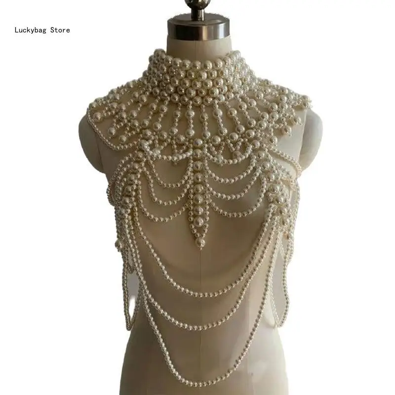 Women Vintage Multi Strands Faux Pearl Body Statement Necklace Adjustable High C