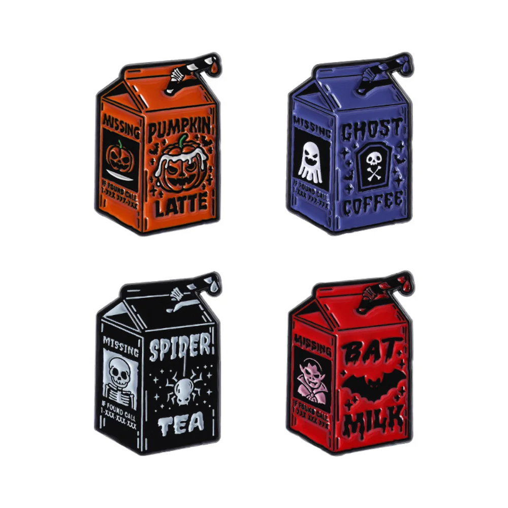 4 Piece Cartoon Milk Box Halloween Skull Pins Fun Geometric Metal Brooch Schoolbag Clothing Decoration Accessory
