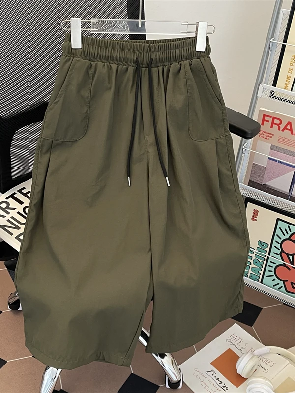 

Qui Dry Ice Silk Широкие брюки на семь футов Мужские летние тонкие повседневные свободные брюки прямого кроя эластичный пояс