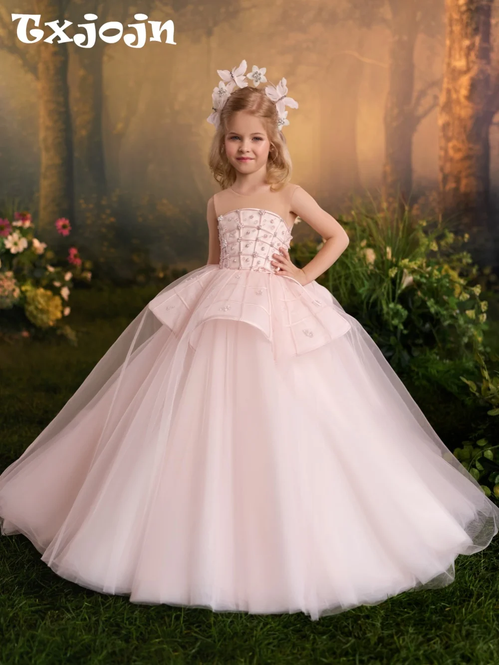 Blush Pink Girls Shinny Pearls Dresses For Stage Performance Luxury Elegant Kids Princess Gown First Communion Dresses 3-14Y