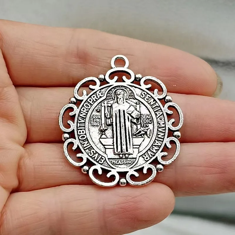 2PCSSilver Plated Saint Benedict Christianity Catholic Church Exorcist Pendant DIY Charm For Jewelry Craft Making 37*33mm A73