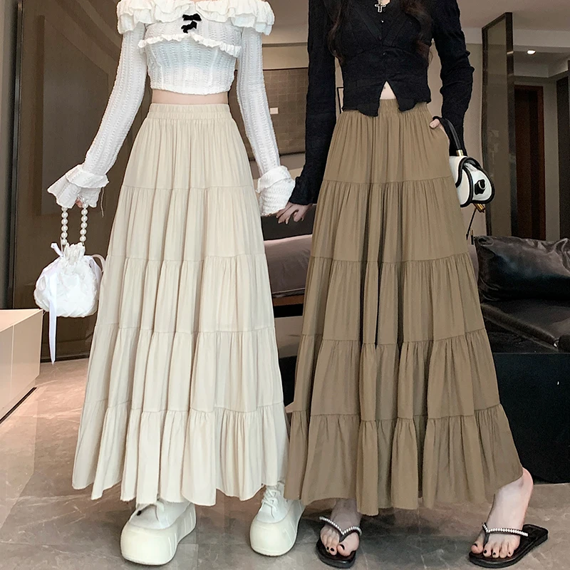 

Autumn Elegant Solid Women's Wrap Umbrella Cake Skirts 2025 New High Waist Korean Office Casual Loose A-line Long Skirts Female
