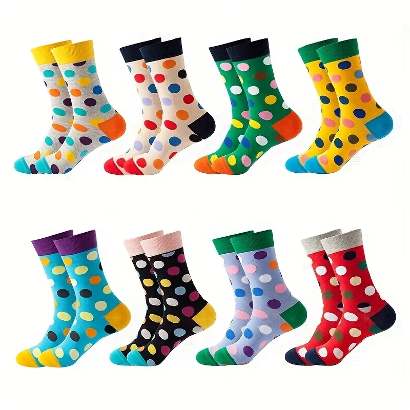 8 pairs of multicolored polka dot fun men's long socks for all seasons, trendy fashion, personalized style, couple's long socks