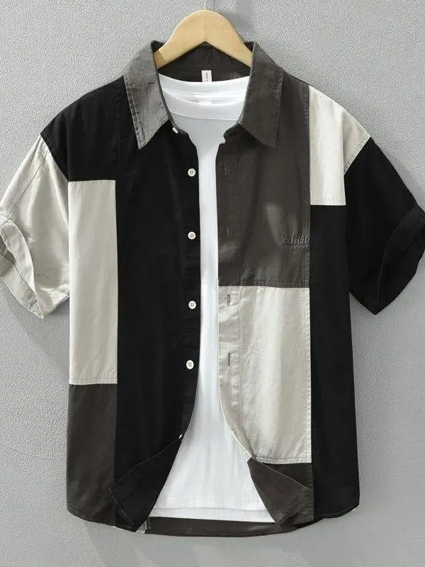 カジュアル半袖シャツ-メンズ-トレンド-スプライス-薄手スタイル-レジャー-個性派トップス-襟ピンデザイン-センセーションカラーブロック-2025
