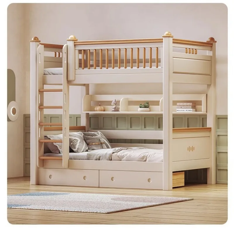 Children's desk Wardrobe integrated multi-functional combination Double-layer same width high and low bed Two-layer solid wood