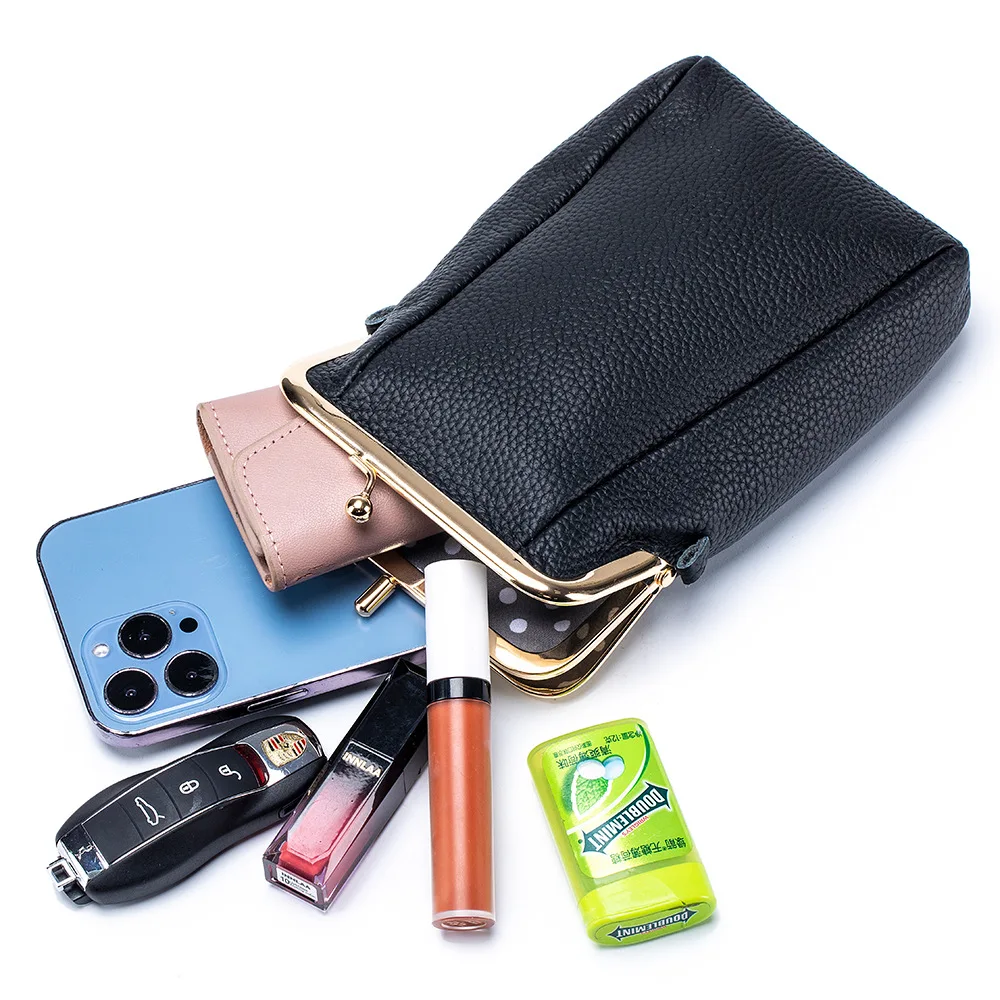 2024New Vintage Women Clip Bags Genuine Leather Mobile Phone Purse Bag Kiss Lock Crossbody Bags