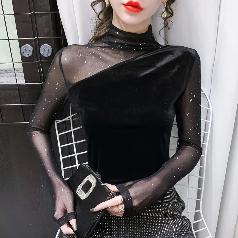 

Elegant High Neck Long Sleeve T-Shirt With Sheer Asymmetrical Design And Rhinestone Details For Party Night Out Wear