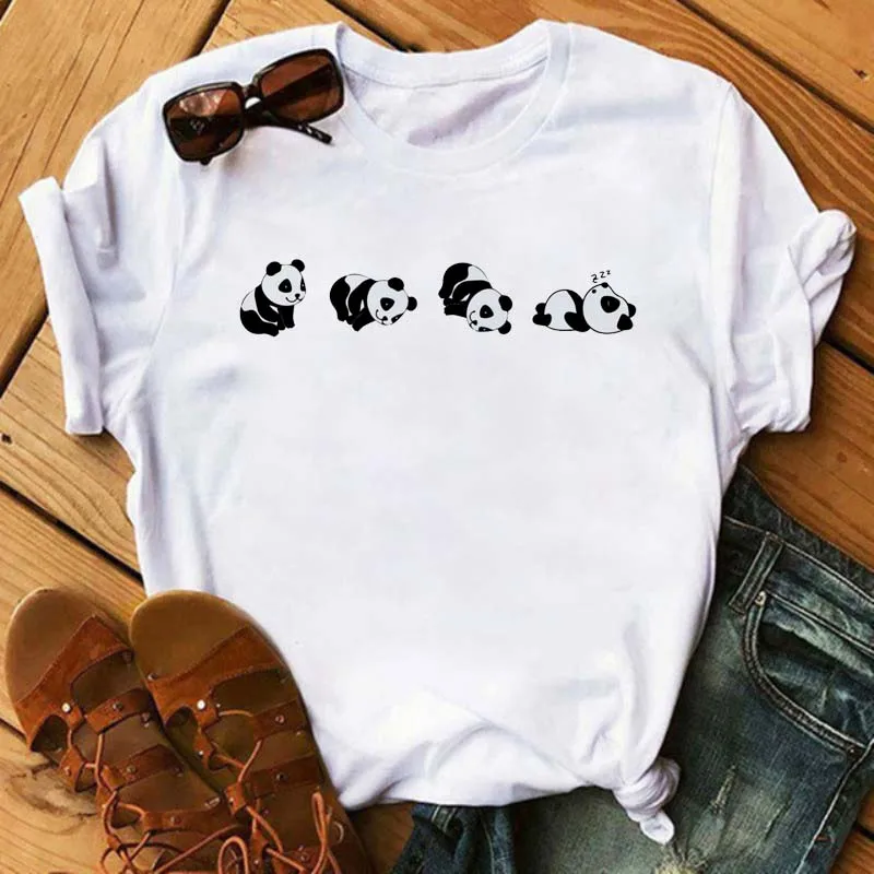 Maycaur Summer Women T Shirt Loose Tops Cute Panda Heart Print Short Sleeve Female Loose Casual T-shirt Ladies Top Tee