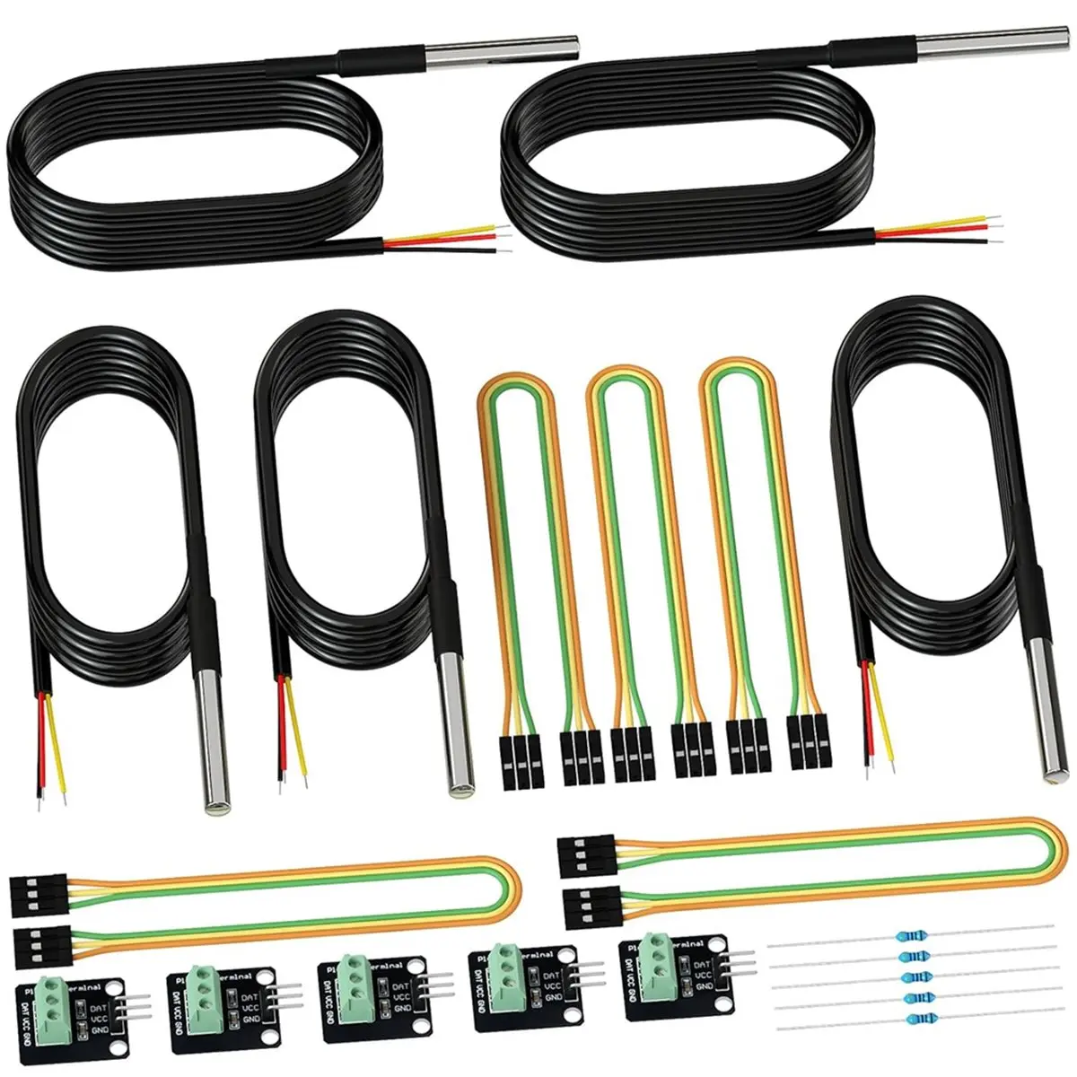 LUCK 5Pack Waterproof Temperature Sensor Probes,Female to Female Jumper Wires and 4.7K Ohm Resistors for Raspberry C