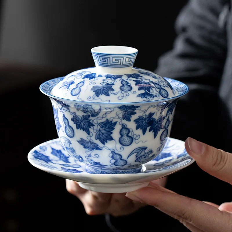 Jingdezhen Two-Part Gaiwan Blue White Porcelain Hand Painted Fu Lu Pattern Tea Bowl Single Underglaze Kung Fu Tea Brewing Cup