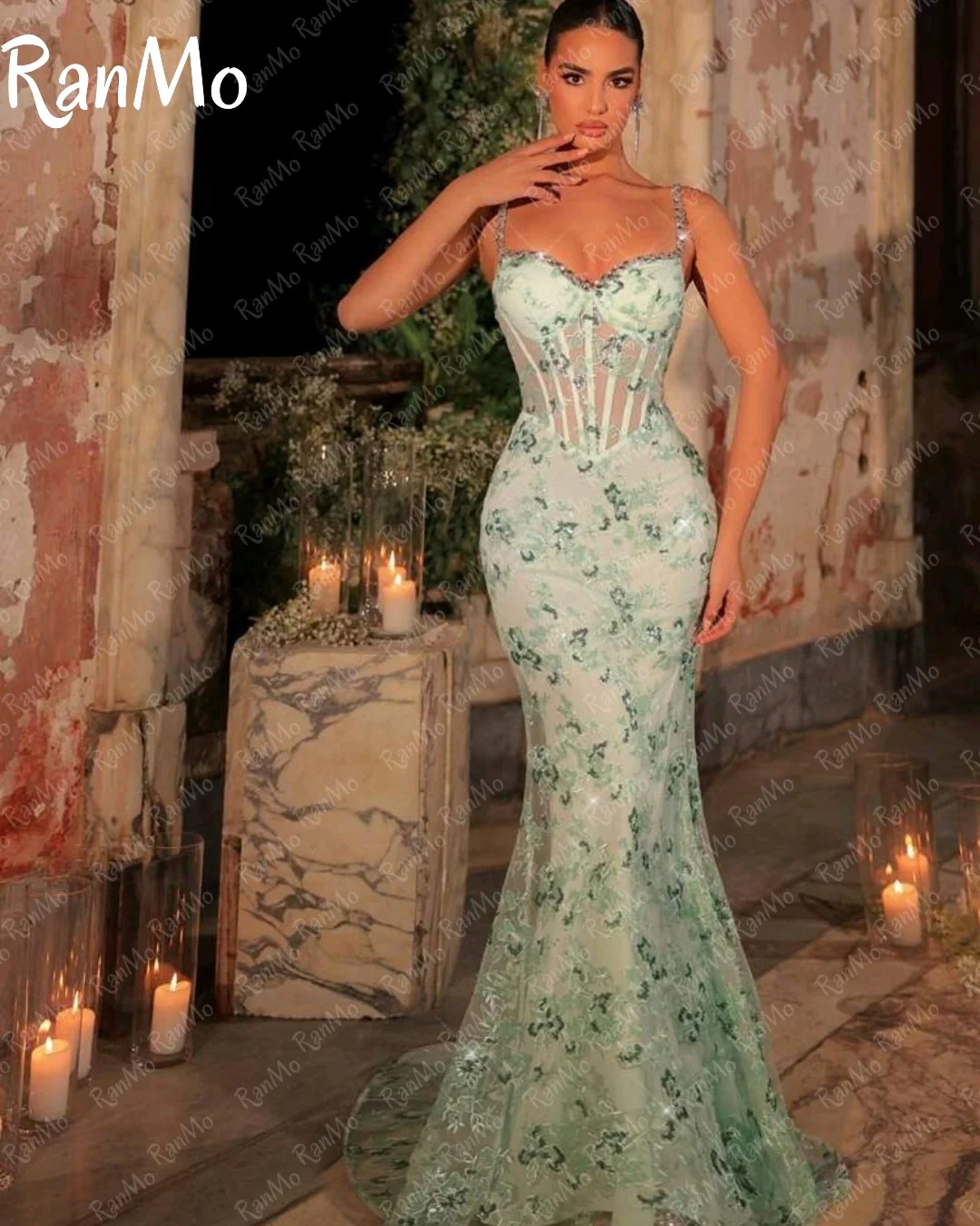 فستان سهرة جديد على شكل قلب أزرق من Ranmo بحزام سباغيتي مزين بالدانتيل للحفلات على شكل قلب مناسبة خاصة حسب الطلب