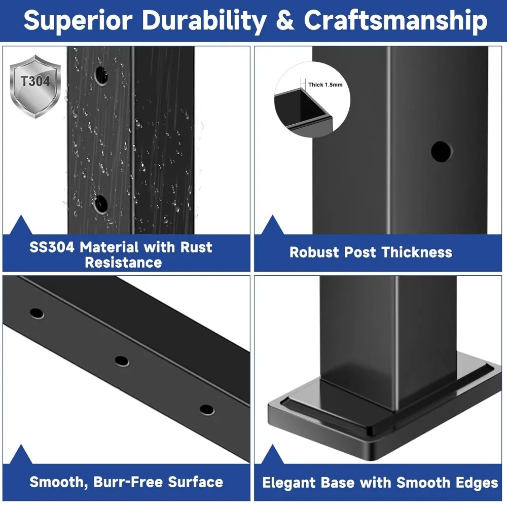 Confezione da 4 montanti per ringhiere per cavi da 42" (poste da 41"x2"x2"), montanti per ringhiere forati a livello fisso con montaggio superiore con occhielli per cavi