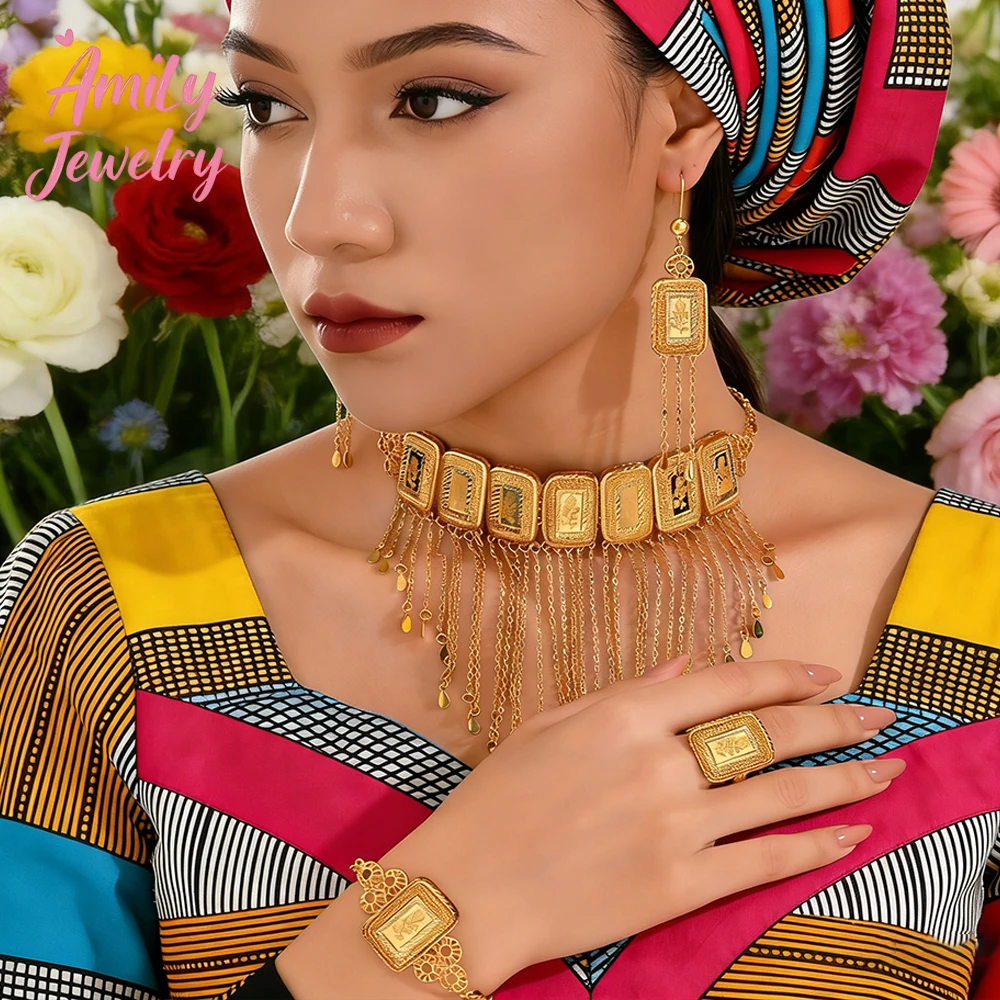 

Комплект украшений: Дубайское ожерелье, браслет, кольцо, серьги с кисточками, африканский дизайн, золотистый цвет, браслет с кольцом