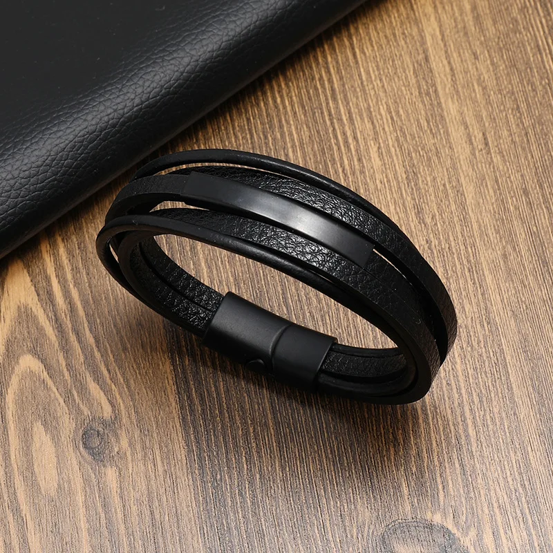 New Men\'s Leather Braided Bracelet Alloy Magnet Buckle Multilayer Leather Bracelet Retro Simple Bracelet Wholesale