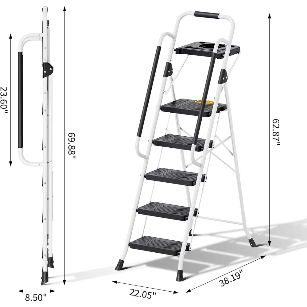 Scaletta pieghevole a 5 gradini, sgabello con capacità di 800 libbre con chiusura di sicurezza, vassoio portautensili, gradini larghi antiscivolo, corrimano, casa