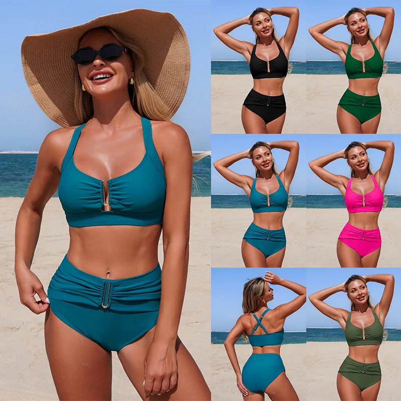 

New Women's High Waisted Bikini Set Vintage Retro Two Piece Swimsuits Ruched Tummy Control Backless Crop Top Bathing Suits
