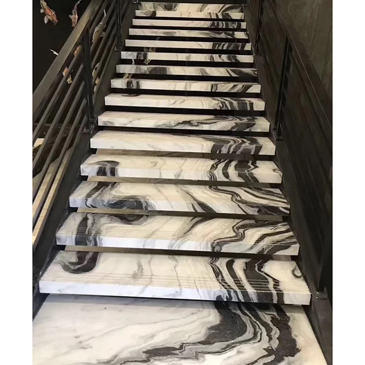 Manufacturer Price Marble Floating Straight Stairs Modern Indoor Panda White Marble Stair Tread Design