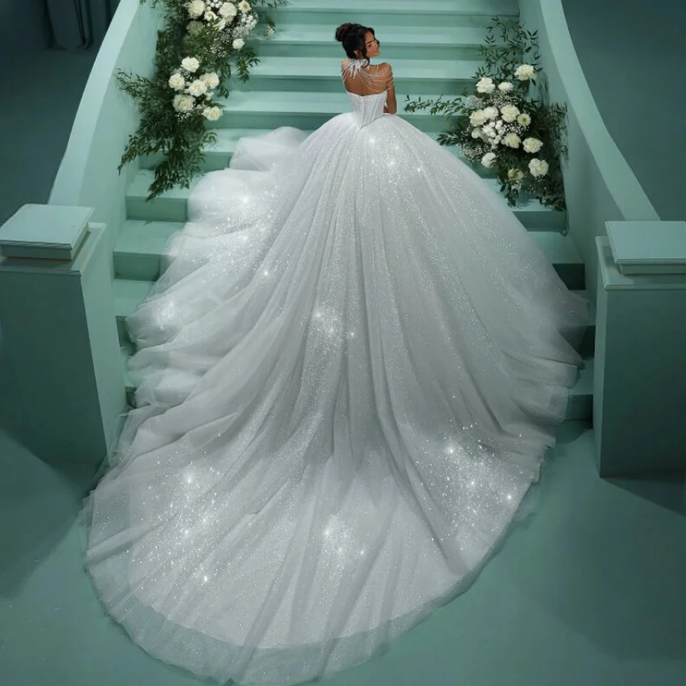 カスタムグリッタープリンセスウェディングドレス2025ビーズボールガウンブライダルドレススイートハートビーズカタドラルドレス