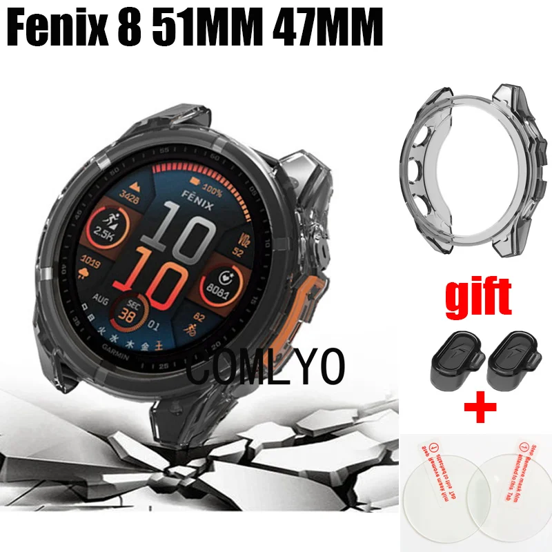 For Garmin Fenix 8 Solar AMOLED Smart watch Case Protective Bumper TPU Soft Cover Glass Screen Protector Dust Plug