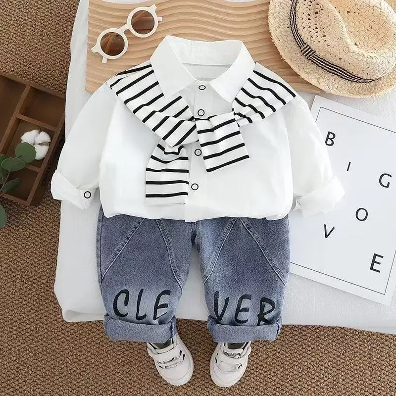 

Kids Boys' Spring and Autumn Set 2025 New Children's Wear Children's Scarf Shirt+Jeans Two Piece Set Boys' Baby Trend