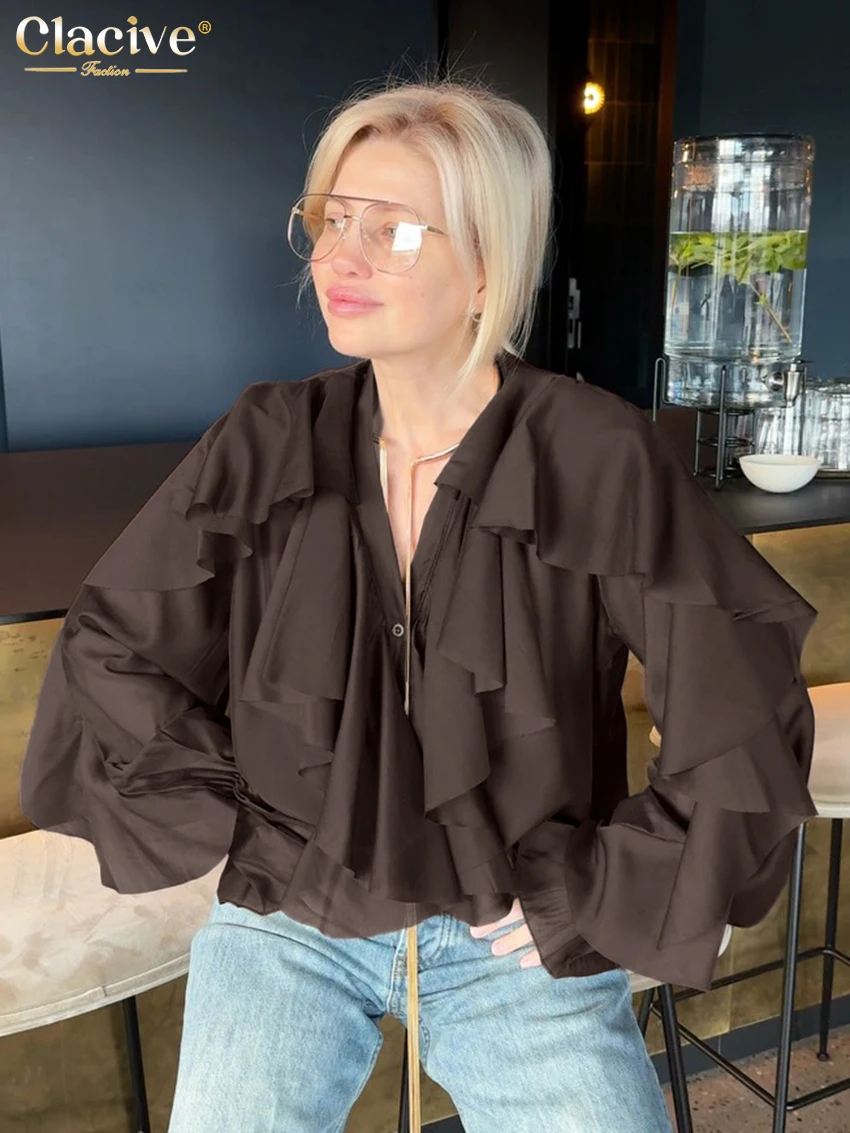 

Clacive Fashion Loose Brown Women's Shirt 2026 Spring V-Neck Long Sleeve Lady Shirts Elegant Classic Ruffles Top Female Clothing