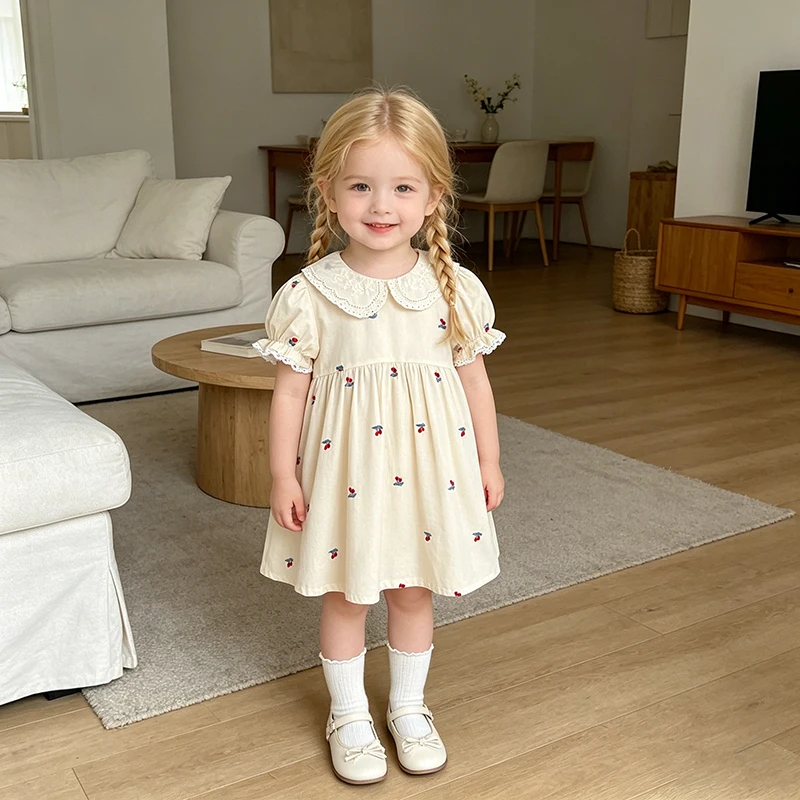 2026 Mädchenkleid Sommer Neue Koreanische Edition Niedliches Kirsch-Besticktes Mädchenkleid Prinzessinnenkleid für Mittlere Kinderaltergruppen