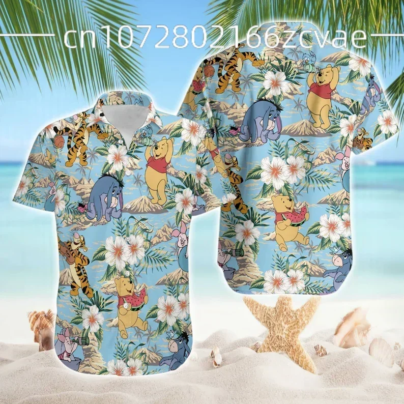 Eeyore Tropical Leaves Hawaiian Shirt Summer Fashion Short Sleeve Shirts Men Women Casual Beach Shirts Disney Hawaiian Shir