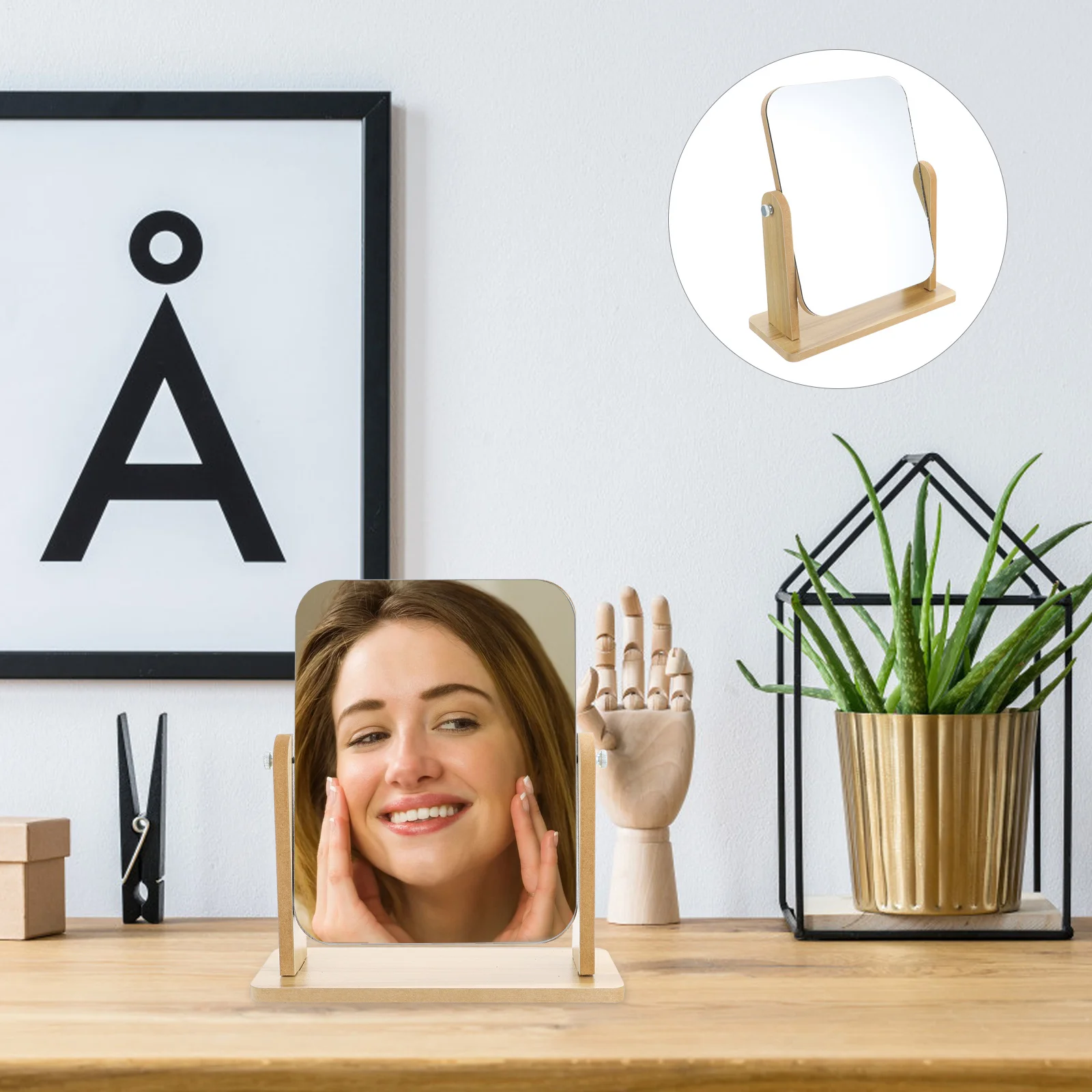 Stylish Rotating Mirror with Wood Stand for Makeup Application Compact Design Fits Any Desktop Home Bathroom Use