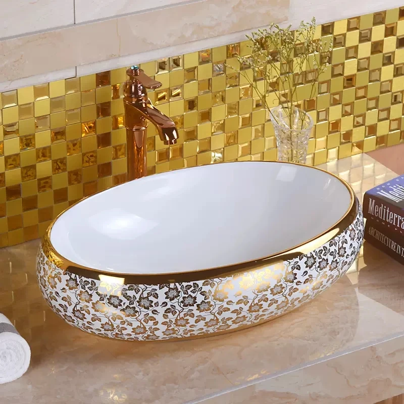 

Modern Luxury Royal Ceramic Washbasin Oval Gold Plated Art Washbasin Bathroom Washbasin