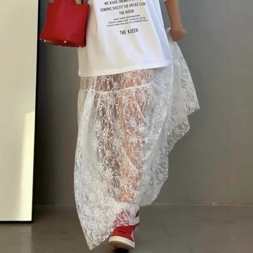 Lace Jacquard Autumn Women's Skirt White Hollow Out High Waist Lady's A-Line Skirt Instagram-Style Minimalist Skirt For Female
