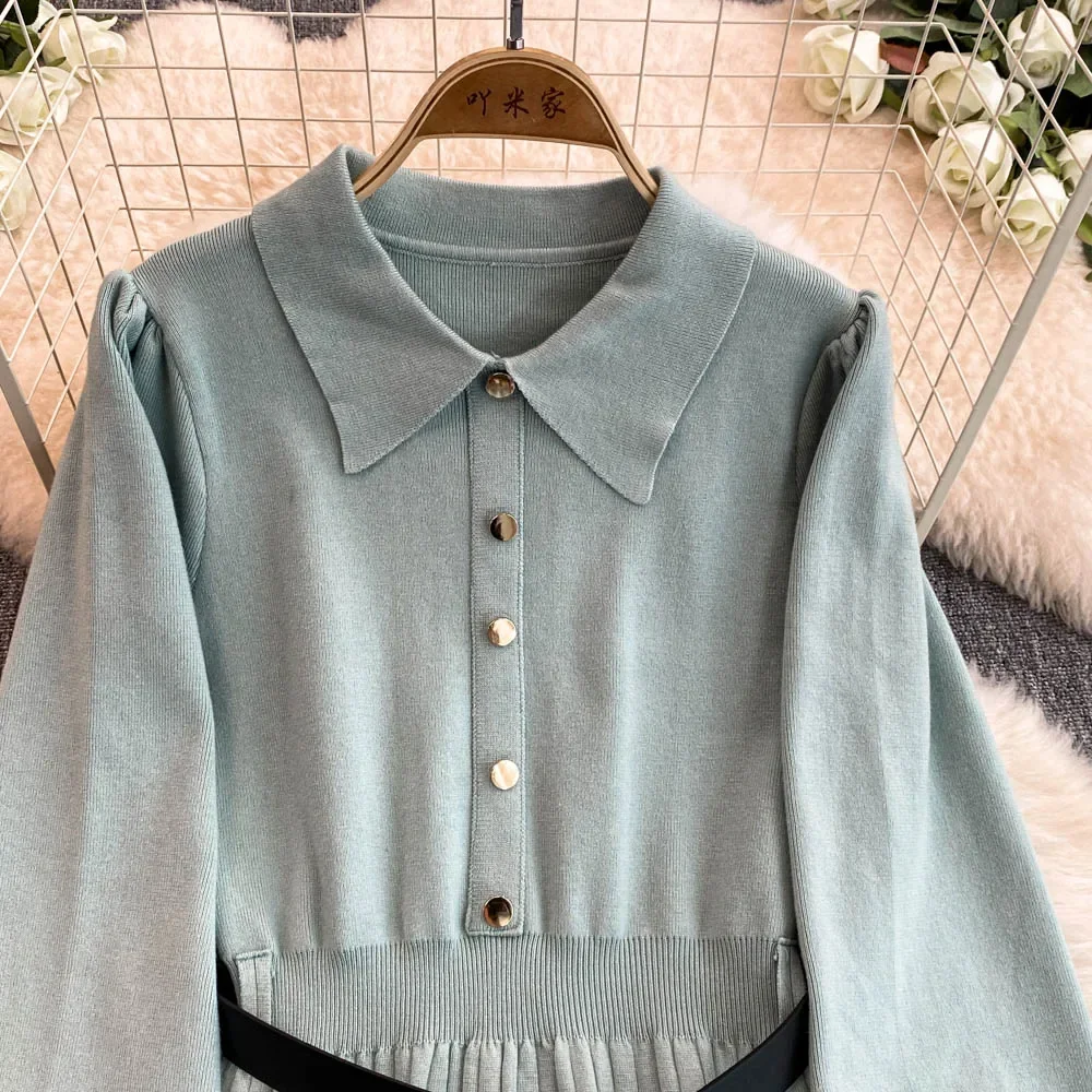 French Elegant Lapel Lantern Long Sleeve Single Breasted Knit A-line Dress Slim Fashion Sweater Women Autumn Winter Clothing
