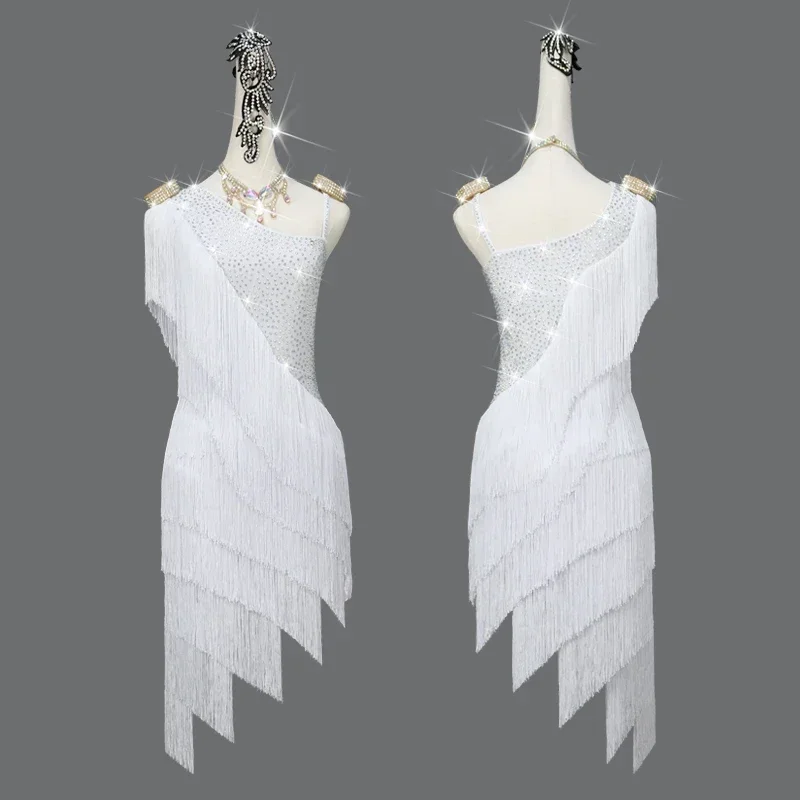 Latin Dance Dresses For Ladies White Fringe Skirt Women Stage Ballroom Compete Costumes Latin Dress
