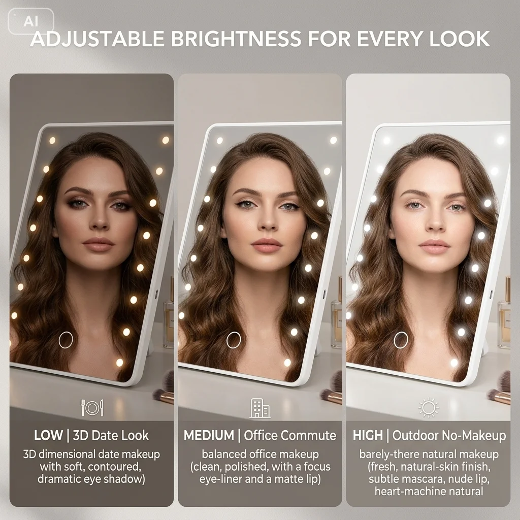LED Vanity Mirror with Touch Screen USB Rechargeable Dimming Makeup Mirror 3 Brightness Portable For Tabletop Bathroom Travel