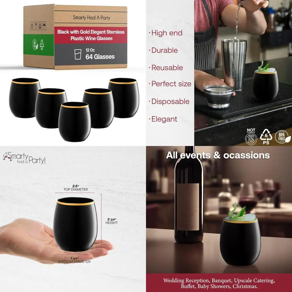 

Упаковка из 64 черных пластиковых бокалов для вина на 12 унций с золотыми ободками — одноразовые или многоразовые для вечеринок
