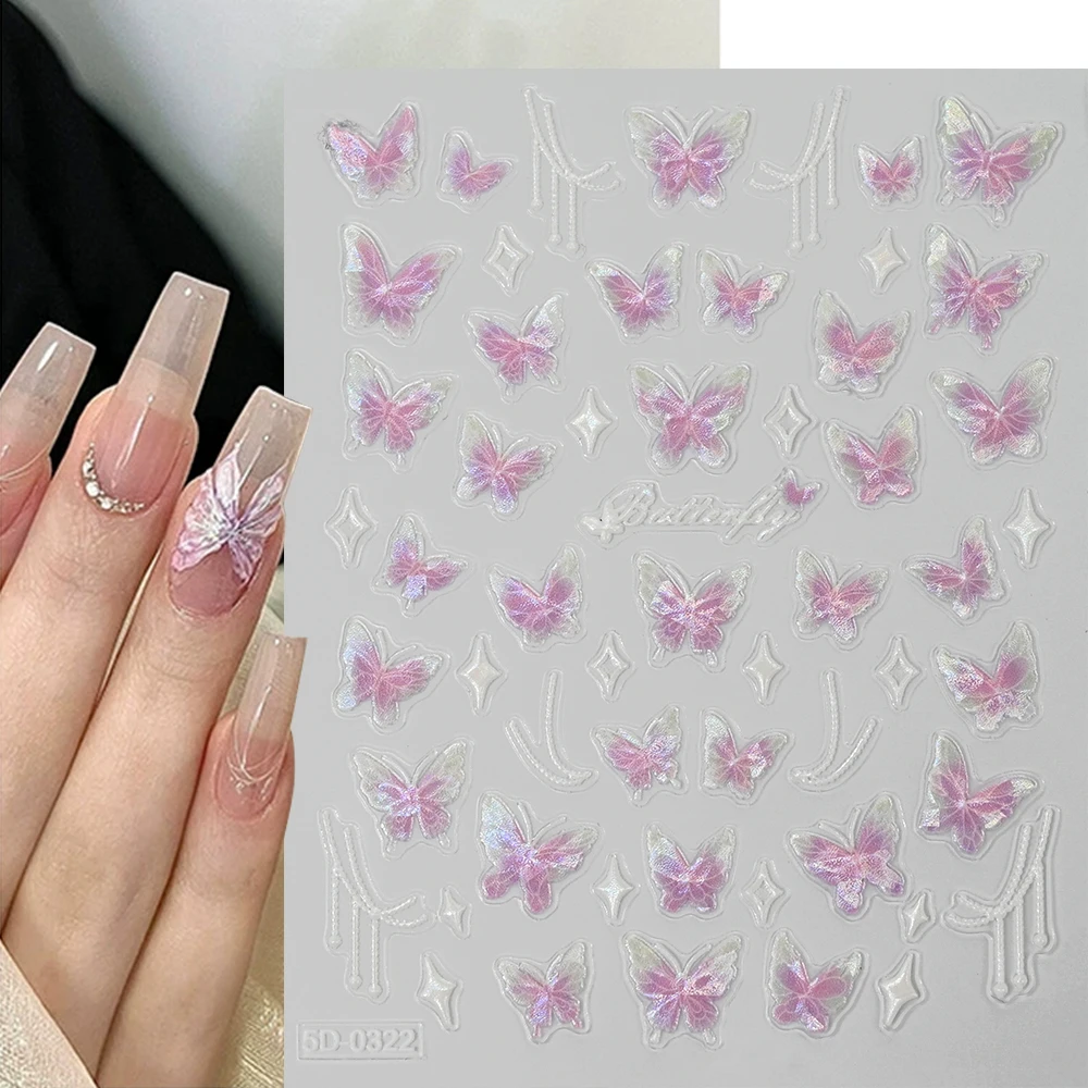 1Pc Pink Purple Aurora Shell Butterfly Nail Sticker 5D Embossed Shell Light Butterfly Adhesive Decals DIY Laser Manicure Sliders