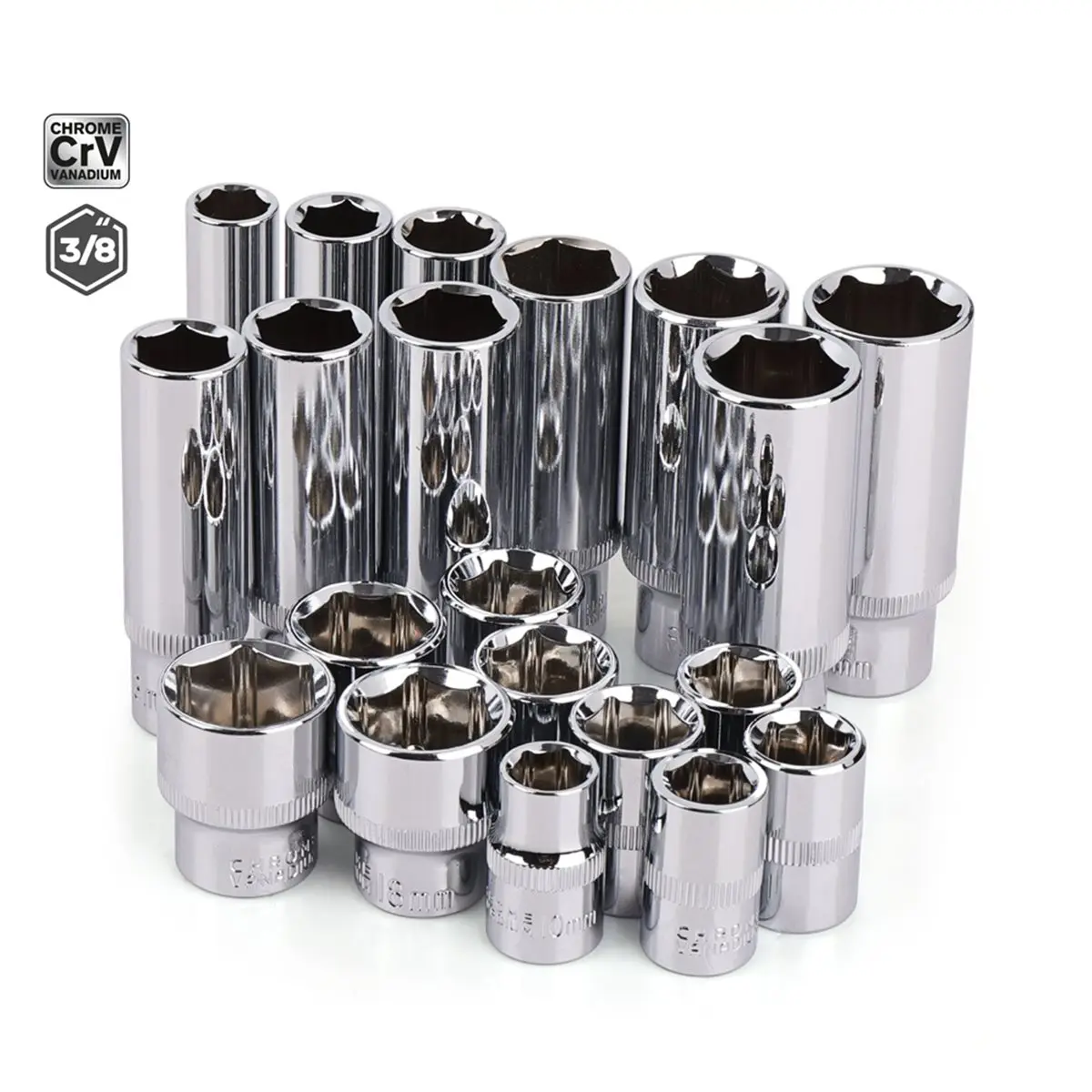 3/8 Inch Deep Socket Set -V 10-19mm Deep Socket Adapter Torque Ratchet Socket Wrench Repair Hand Tool Short