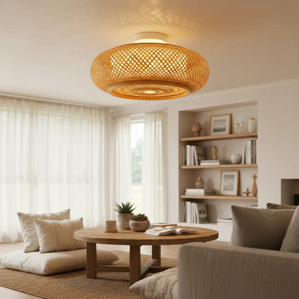 Rattan-Deckenleuchte, Handgewebene Bambus-Leuchte mit Montagehalterung für Wohnzimmer, Schlafzimmer, Küche, Café, Innenbeleuchtung