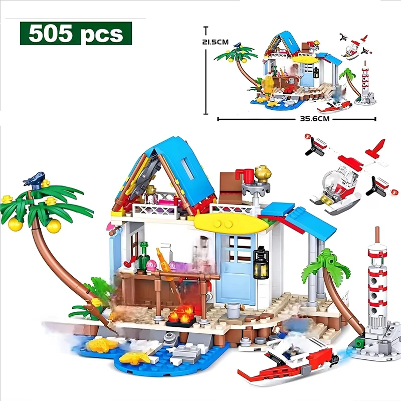505PCS MOC Seaside Vacation House Building Blocks,City Friends Lighthouse Boat Figures, Desktop Display Bricks Toy Gift for Kids