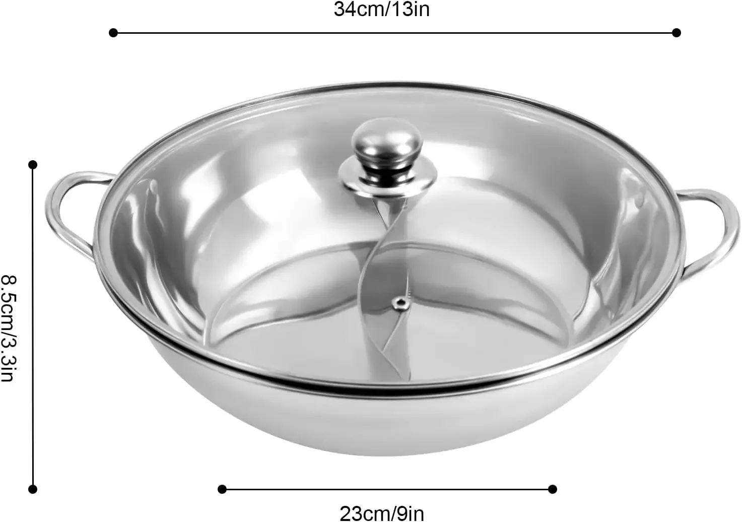 34cm Stainless Steel Dual Shabu Shabu, Kitchen Hot Pot Cooking Soup Divider Shabu Pot Cookware Stainless Steel with Lid