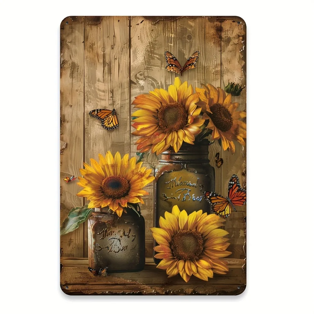 Vintage-Schild aus Metall mit Sonnenblumen und Schmetterlingen, 20,3 x 30,5 cm, rustikale Gartenwandkunst für die Dekoration von Außenbereichen und Terrassen