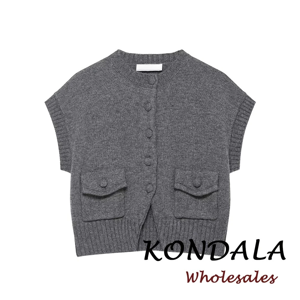 KONDALA Chic Fashion 2026 Damen Freizeit-Strickweste Ärmellos O-Ausschnitt Taschen Einfarbiger Pullover Elegante Einreihige Lockere Weste