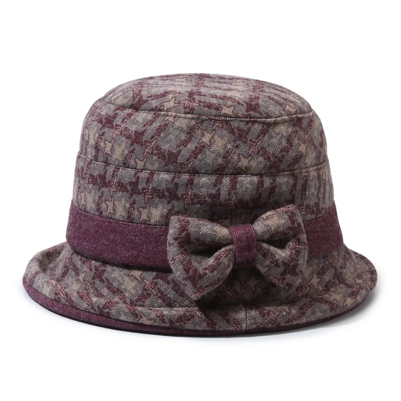 

Женская осенне-зимняя элегантная шапка средней природы с бантом, утепленная шерстяная панама, рыбацкая шапка в клетку бабушки