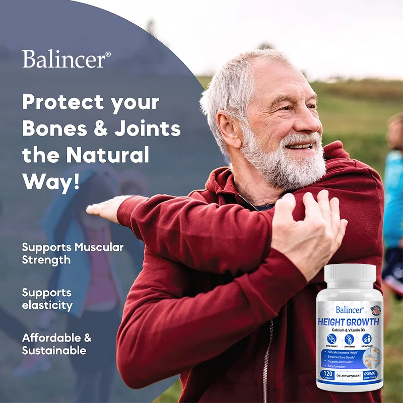 Height growth supplement contains calcium and vitamin D3 to help increase height, bone density, and joint health support