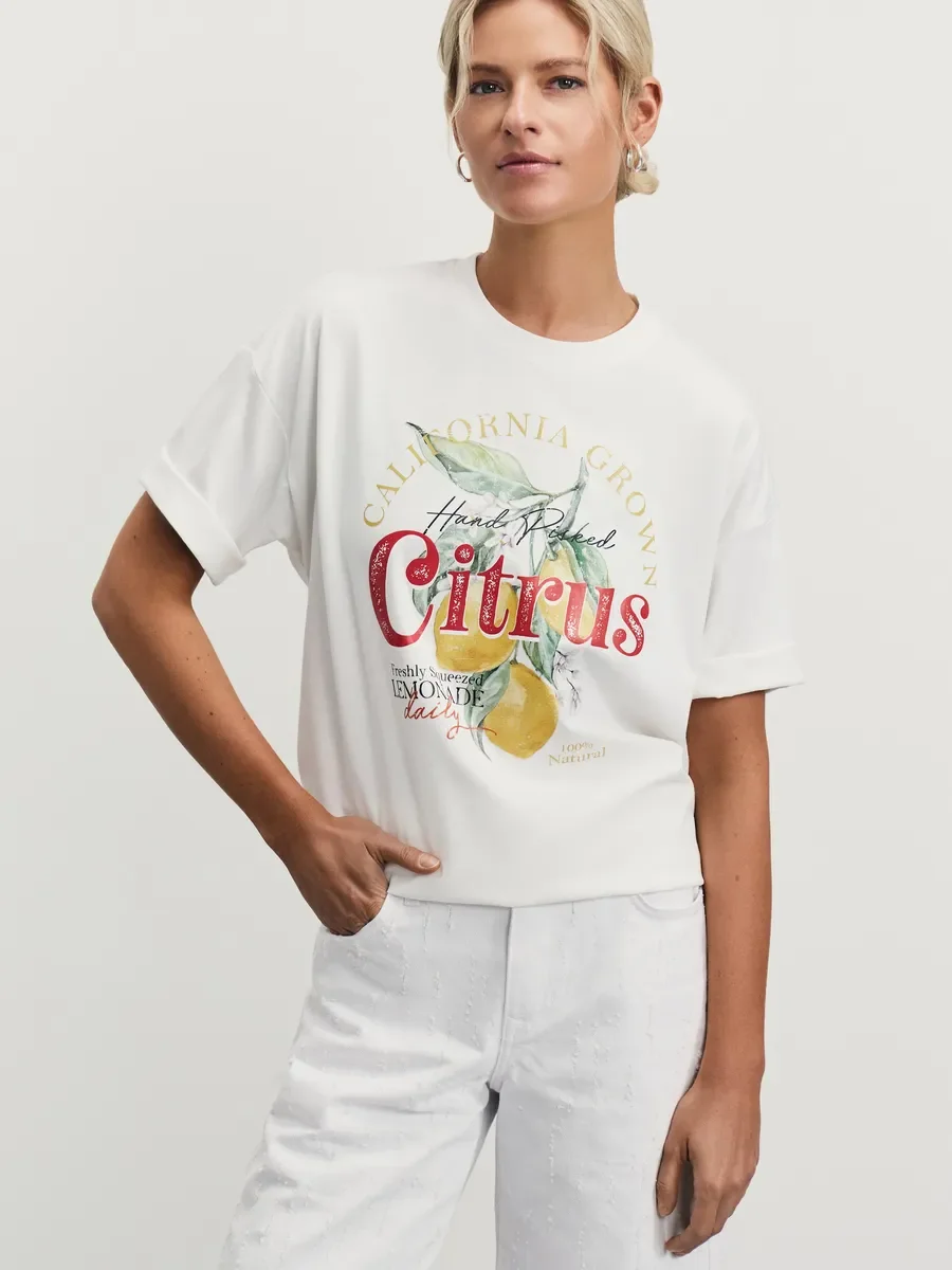 American Retro Aesthetic Lemon Fruit Summer New Item 100% Pure Cotton Short Sleeved Loose Fashionable Women's T-shirt