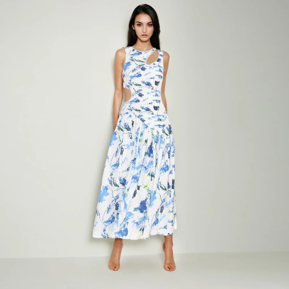 

Платье женское длинное с принтом, элегантное ажурное платье на молнии, с круглым вырезом, без рукавов, с высокой талией, цвет черный